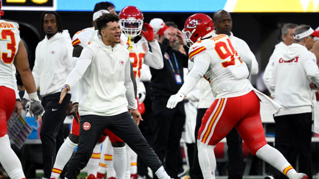 Jan 7, 2024; Inglewood, California, USA; Kansas City Chiefs quarterback Patrick Mahomes (left) celebrates with defensive end Malik Herring (94) during the second half against the Los Angeles Chargers at SoFi Stadium. Mandatory Credit: Orlando Ramirez-USA TODAY Sports  